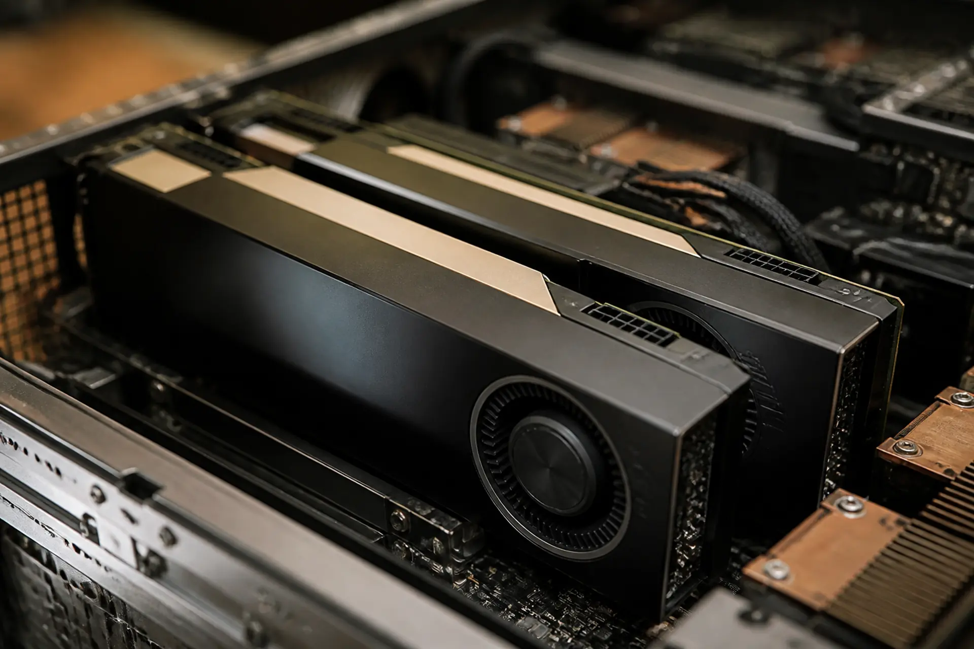 Closeup of a generic dual-slot data-center GPU with blower-style cooler.