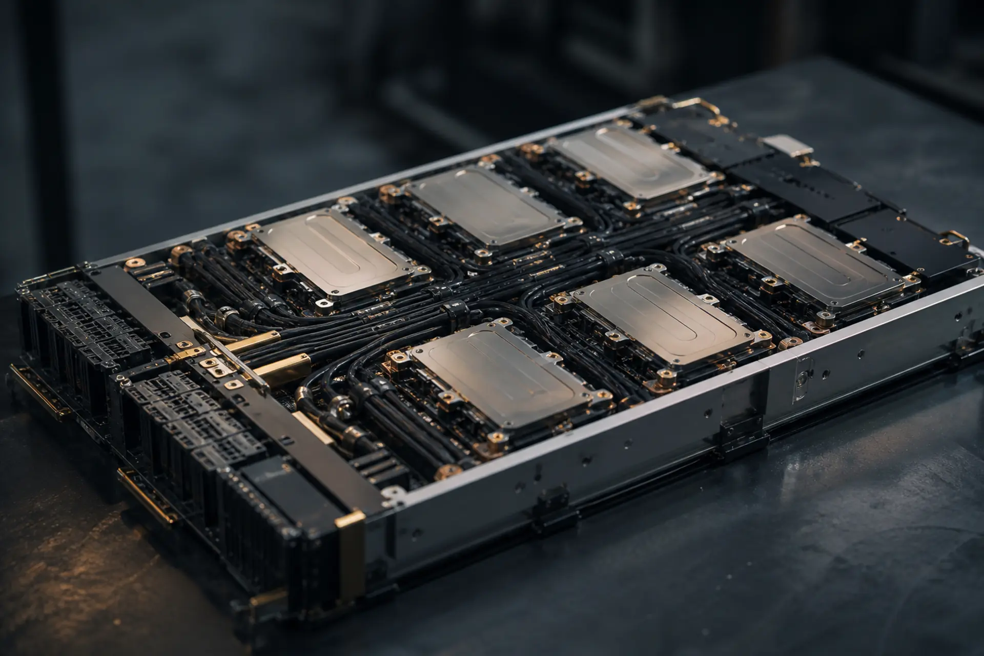 Dense generic multi-GPU tray module with cold plates and interconnects.