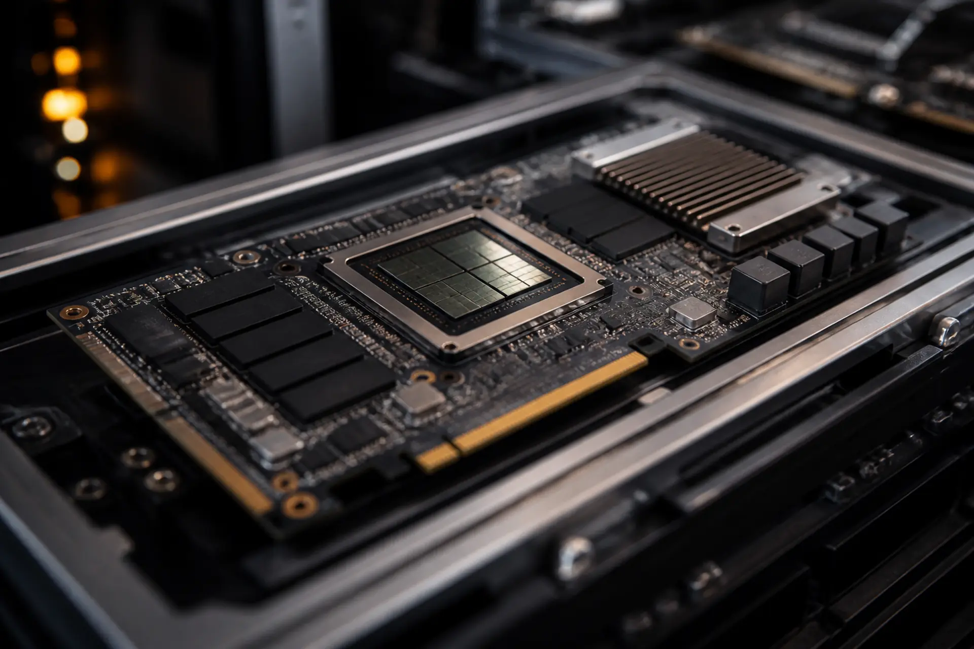 Closeup of a generic data-center GPU accelerator board with heatsink and gold connectors.