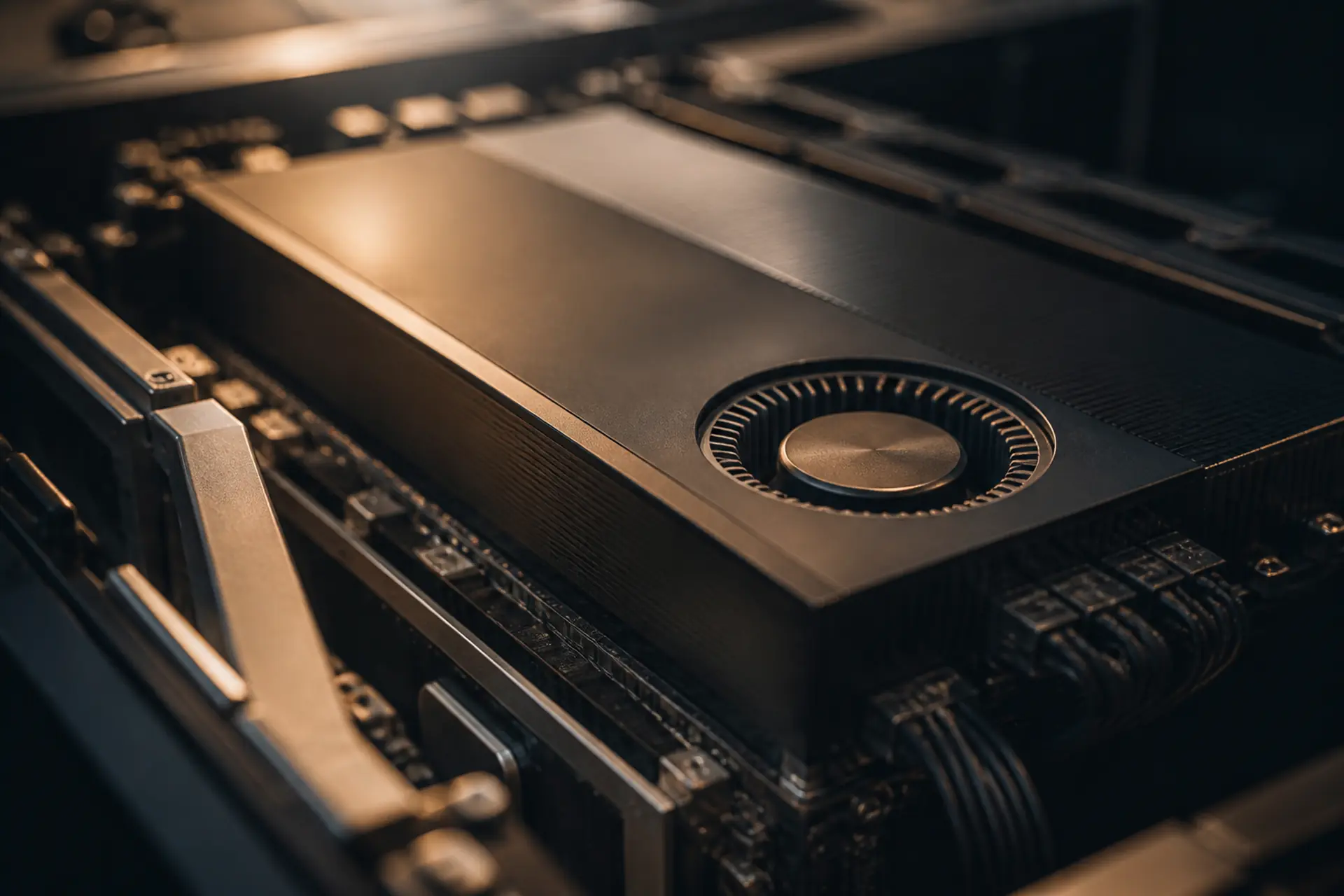 Low-angle closeup of a next-gen generic GPU board with larger cooler shroud.