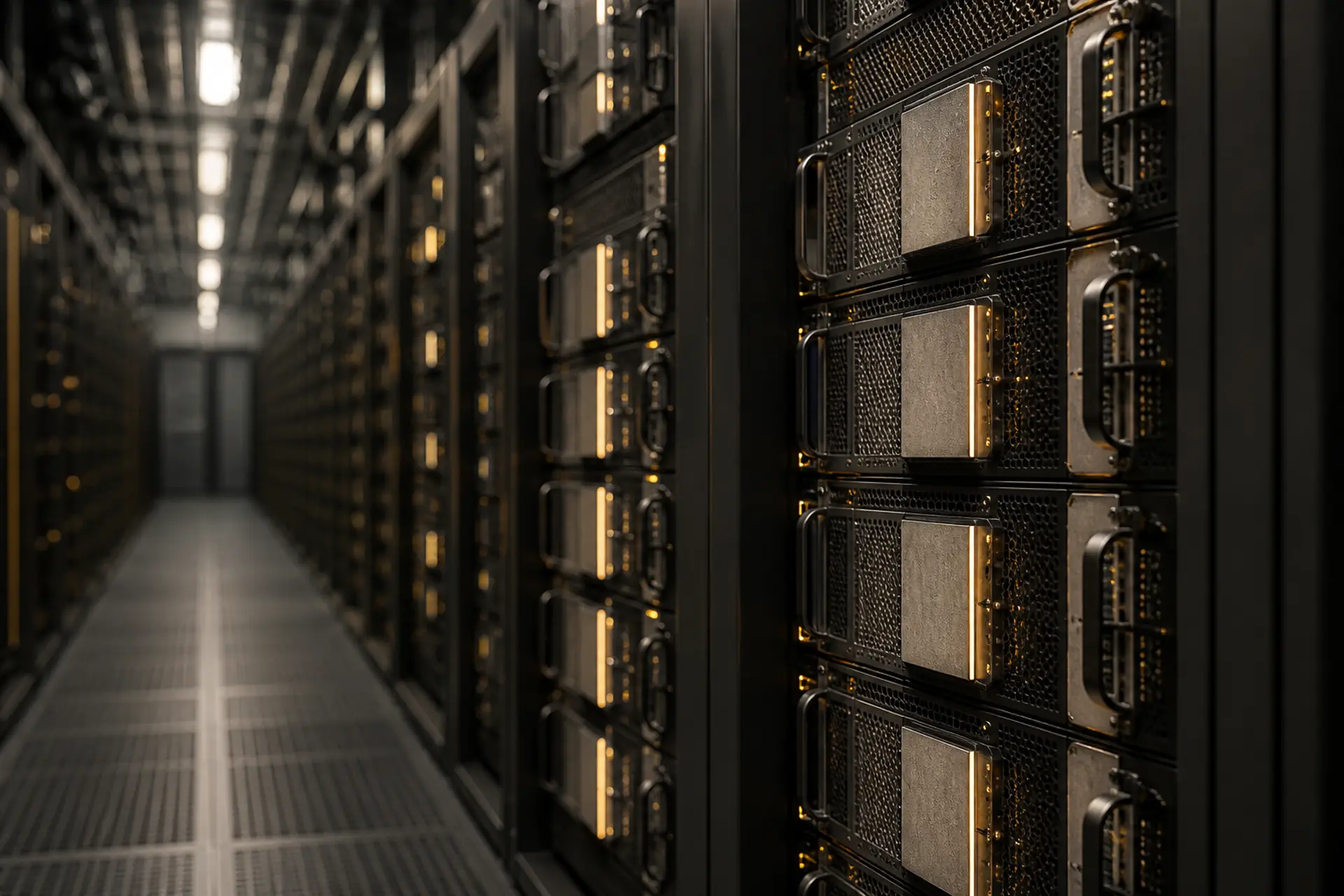 Cinematic aisle of dense GPU server racks with soft amber glow in a muted slate data center.