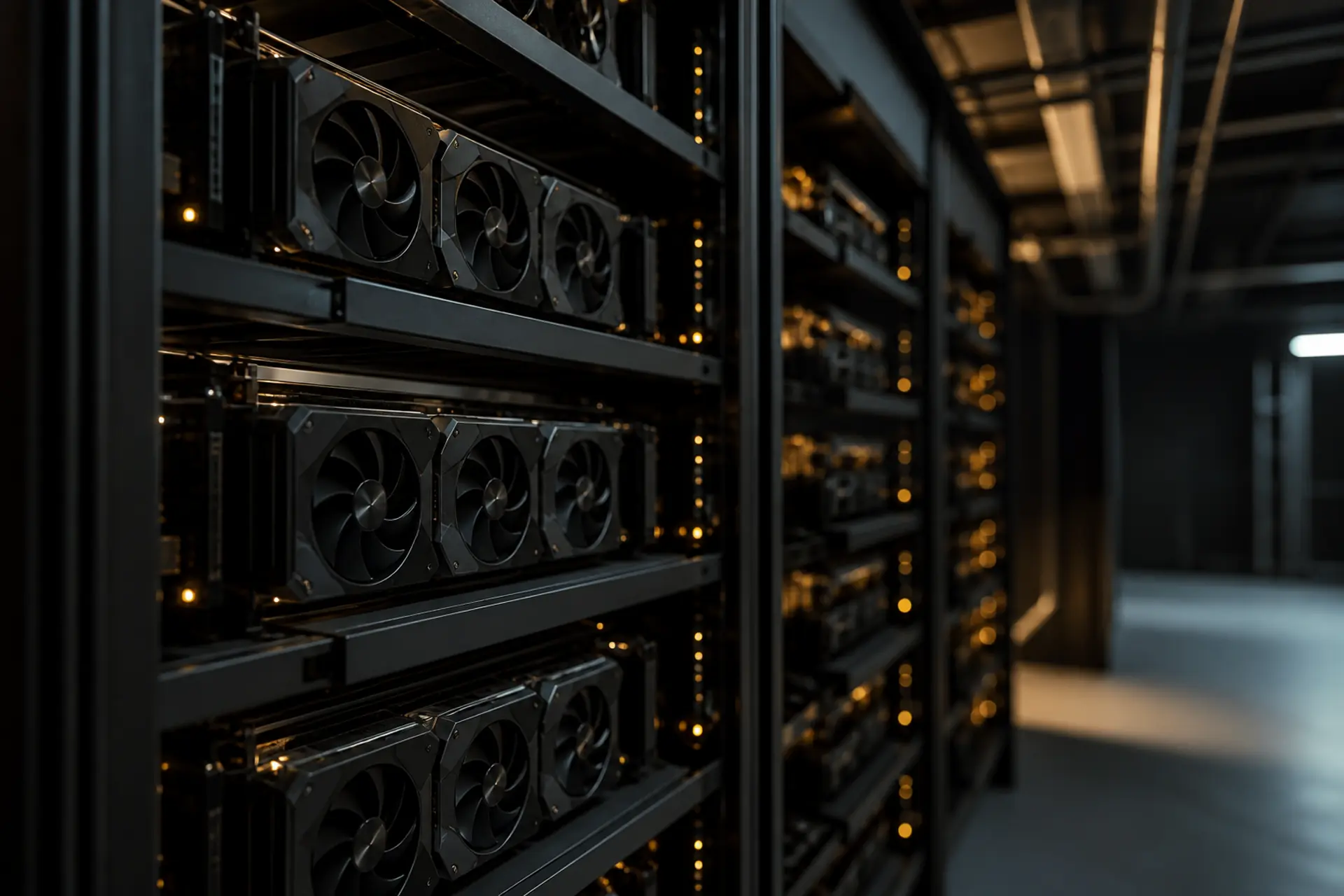 Dim VFX render-farm GPU racks with soft amber LED glow.