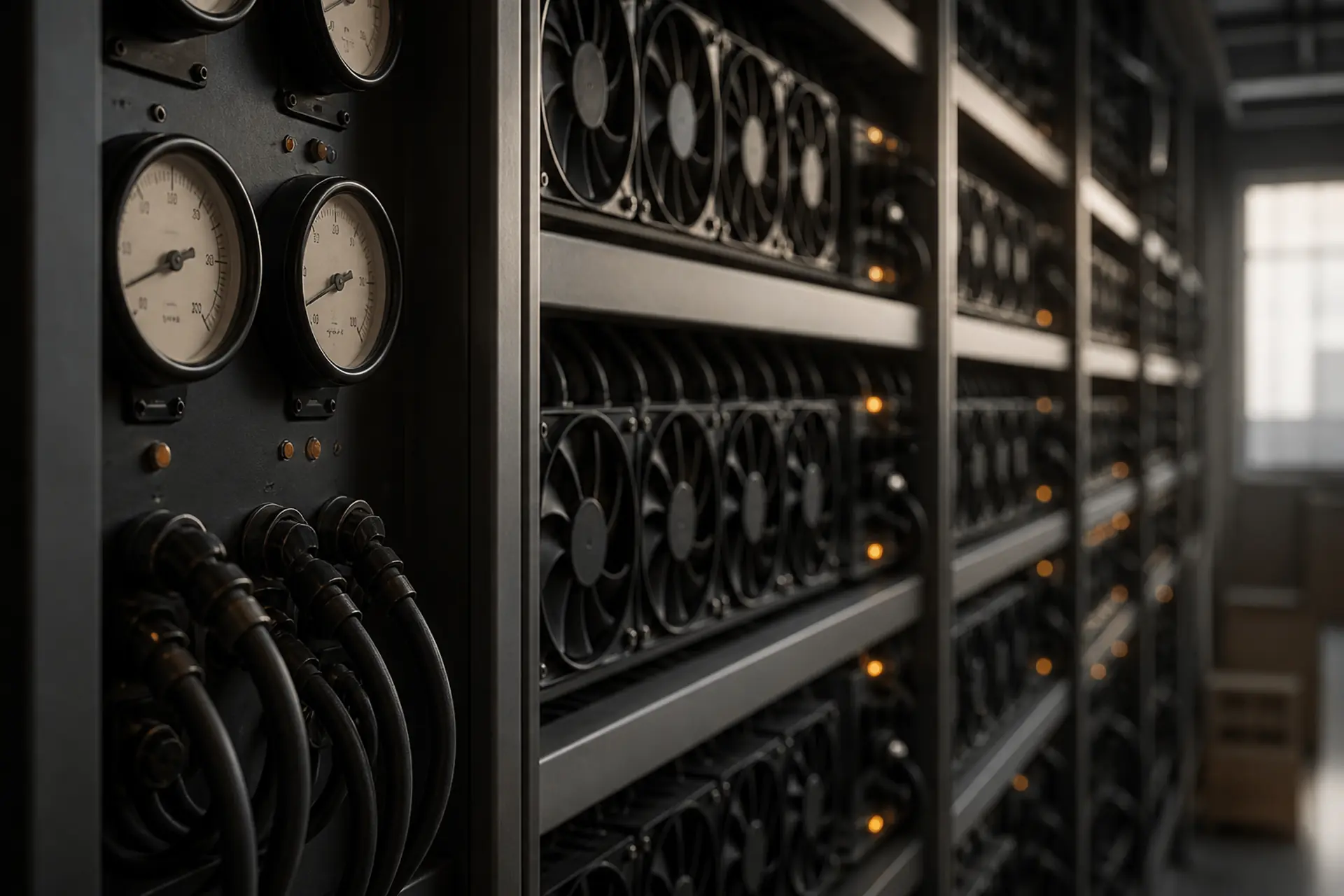 GPU racks beside subtle power meters with soft amber indicator lights in a muted slate hall.