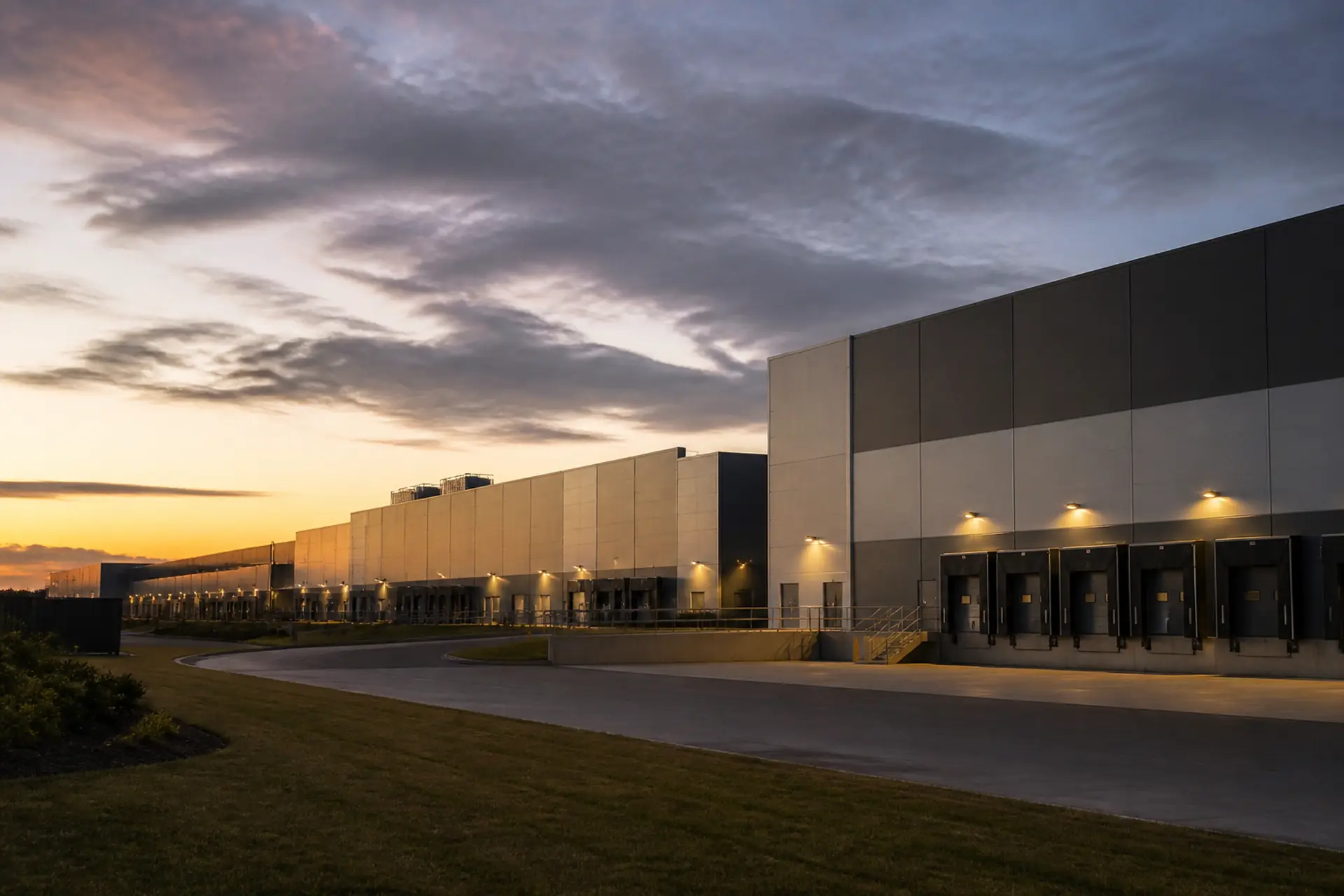 Anonymous multi-hall colo exterior silhouettes at dusk with soft amber site lighting.
