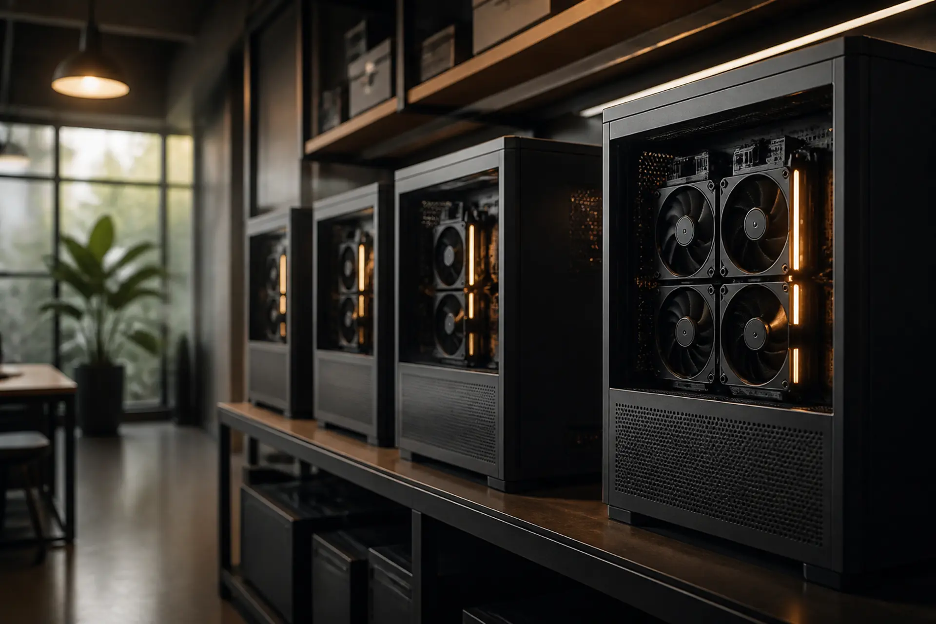 Boutique row of GPU workstations with soft amber accents.