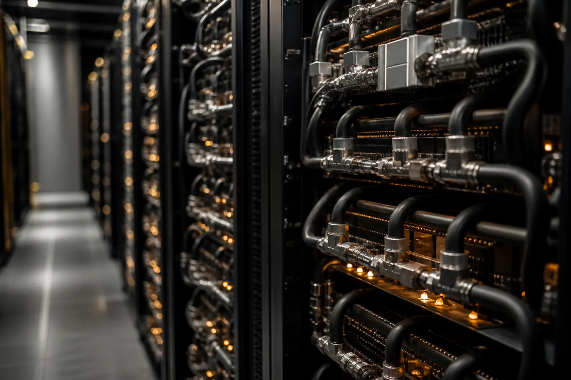 Multi-GPU training cluster aisle with amber status LEDs and shallow depth of field.