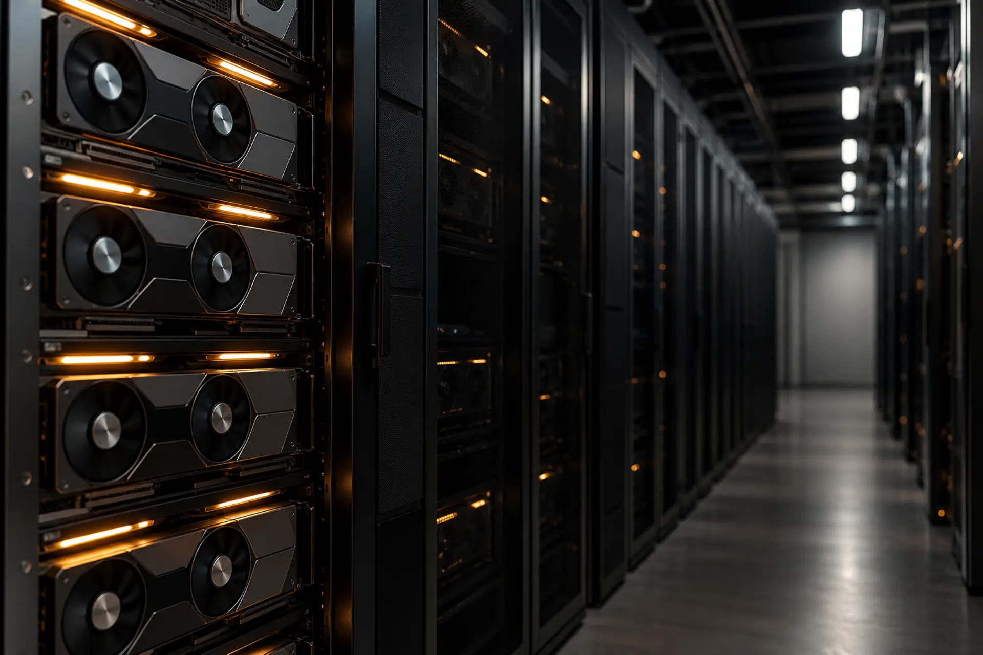CGI render-farm GPU racks in a dark slate machine room with amber LED strips.