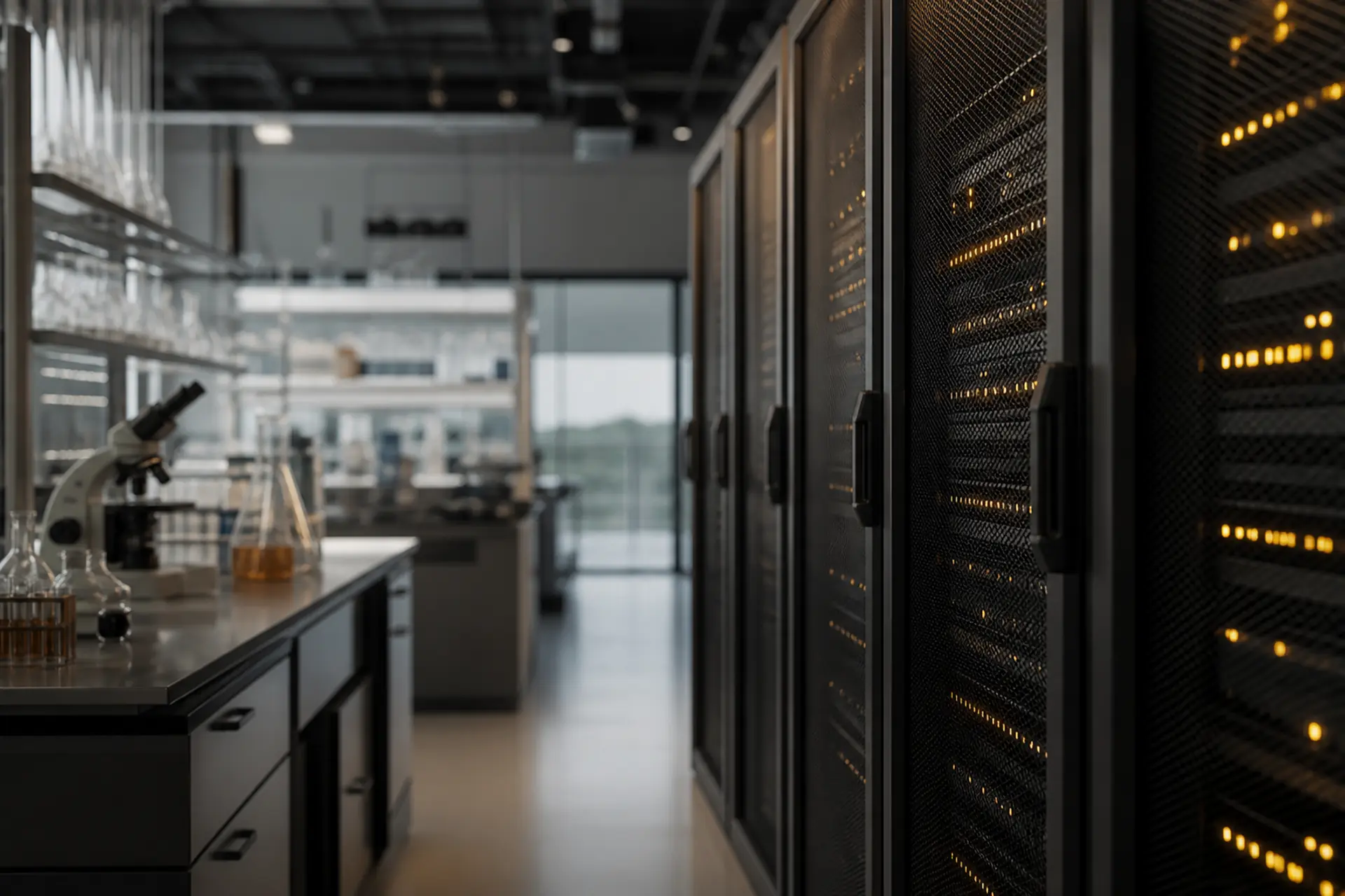 HPC racks beside a softly lit scientific lab bench.